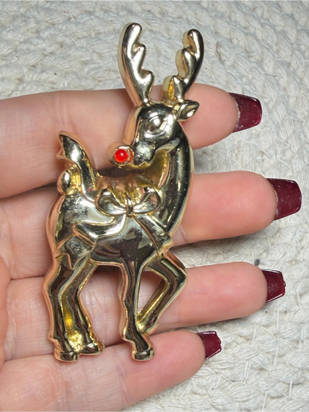 Gold Tone Reindeer Rudolph Red Nose Christmas Holiday Decor Figurine